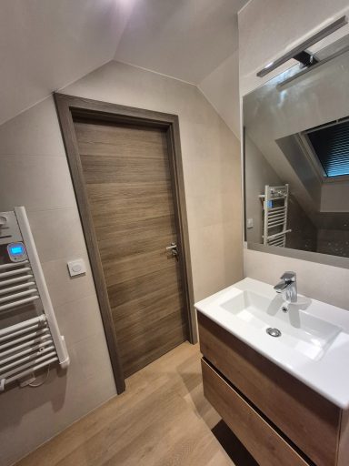 Salle de bain moderne avec un lavabo, un miroir et une porte en bois.